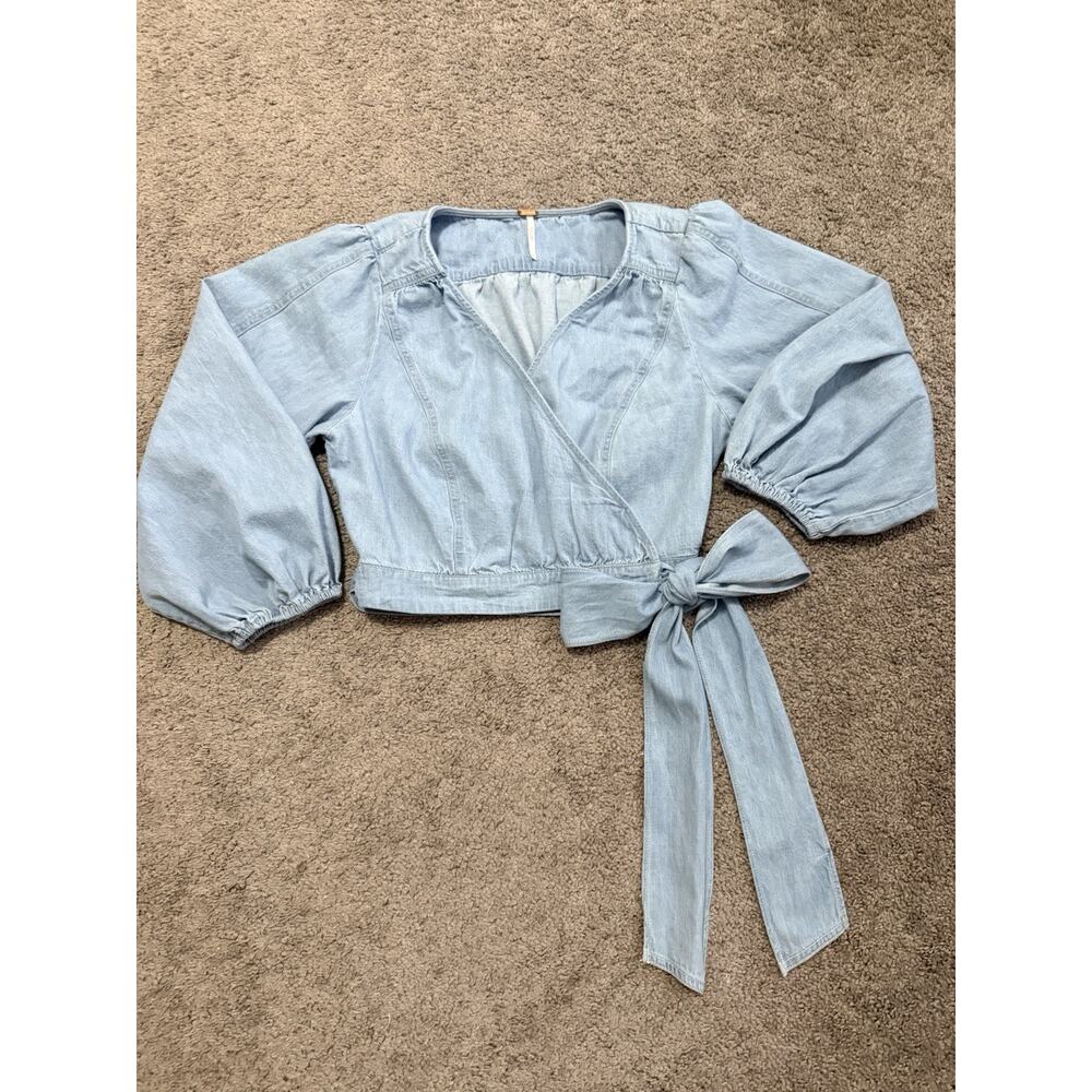 Free People Sophie Denim Wrap Top Sz S Blue Balloon Sleeve Cropped Front Tie